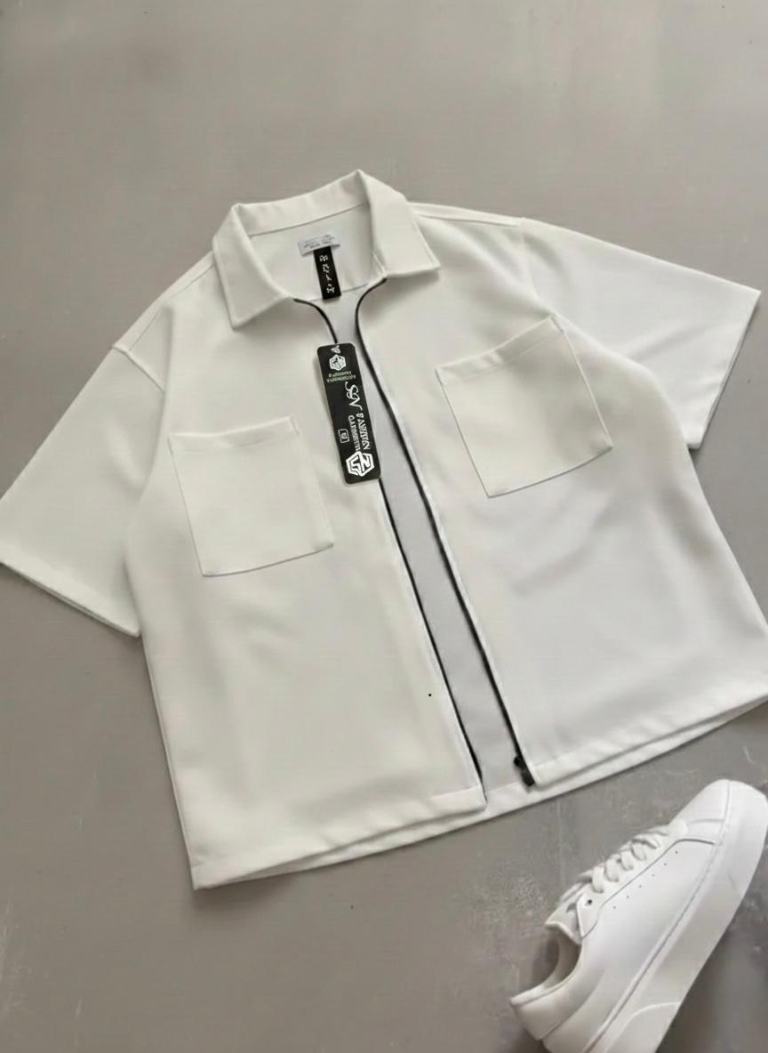 White & Black Zip-Through Workshirt